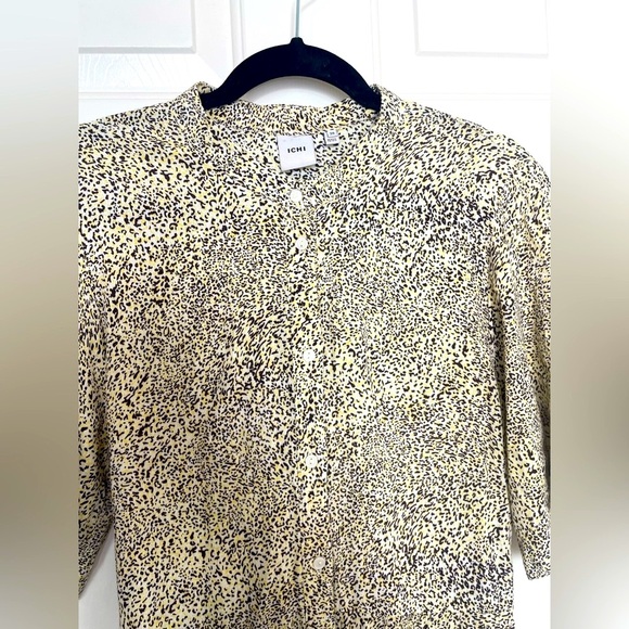 ICHI Puff Sleeve Button Front animal Print Midi Dress Black yellow | 38/M - Picture 1 of 13